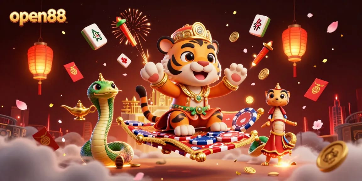 Experience open88's vibrant casino atmosphere with a playful sultan, magic, and traditional gambling elements.