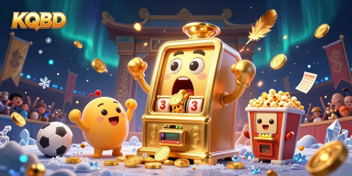 KQBD celebrates sports betting frenzy with a vibrant casino scene of joyful slot machines.