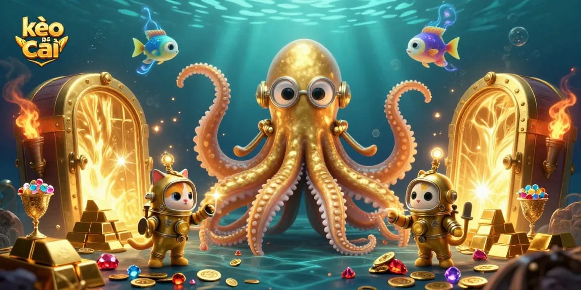 Engage in excitement with kèo nhà cái as the kraken and diving cat explore a treasure-laden underwater scene.