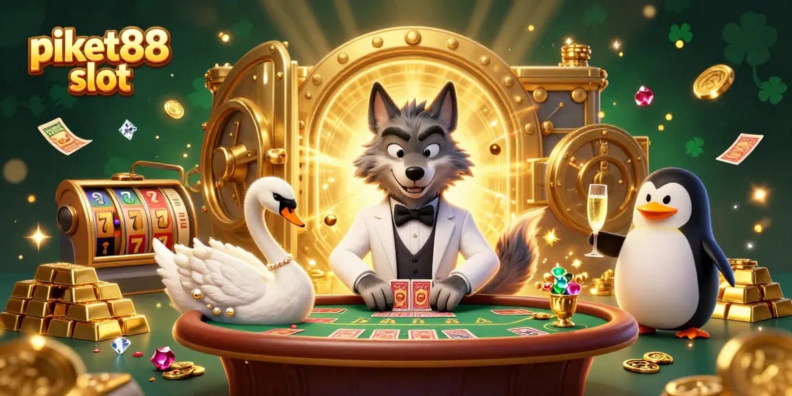 Experience excitement and winning thrills with piket88 slot as 3D characters celebrate at a dynamic casino scene.