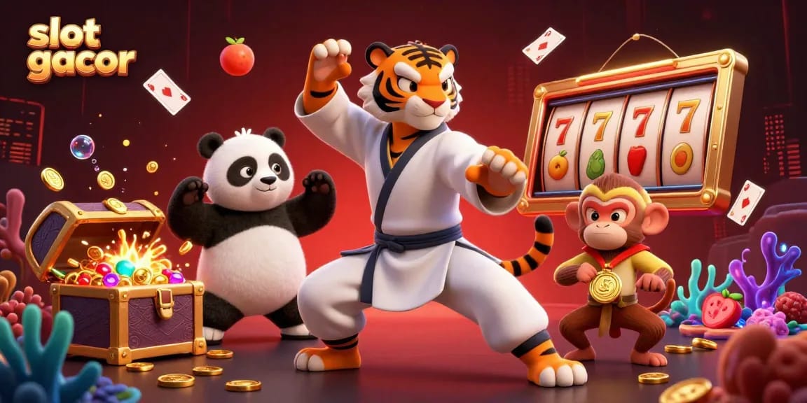 Engage with slot gacor in this vibrant scene showcasing a kung fu master and playful characters, surrounded by casino elements.