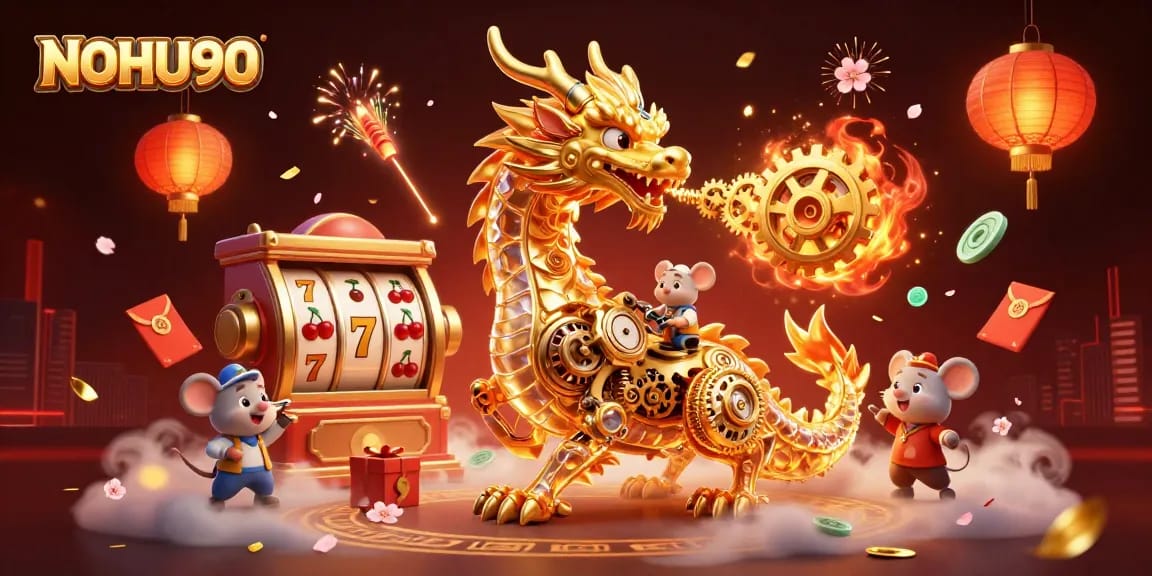 Engaging scene showcasing NOHU90 with a golden dragon and slot machines, highlighting casino excitement.