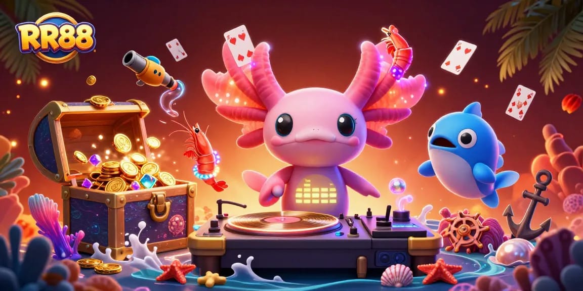 Experience excitement with RR88's vibrant underwater casino scene featuring colorful characters.