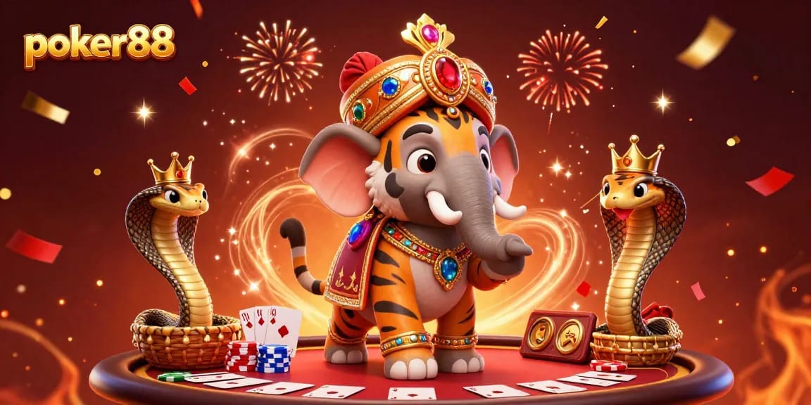 Poker88, bermain poker dengan karakter harimau maharaja dan gajah dalam ilustrasi kasino yang berwarna-warni.