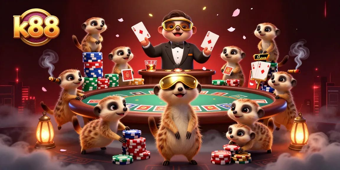 K88 token games come alive as meerkats manage a bustling casino of poker and thrills.