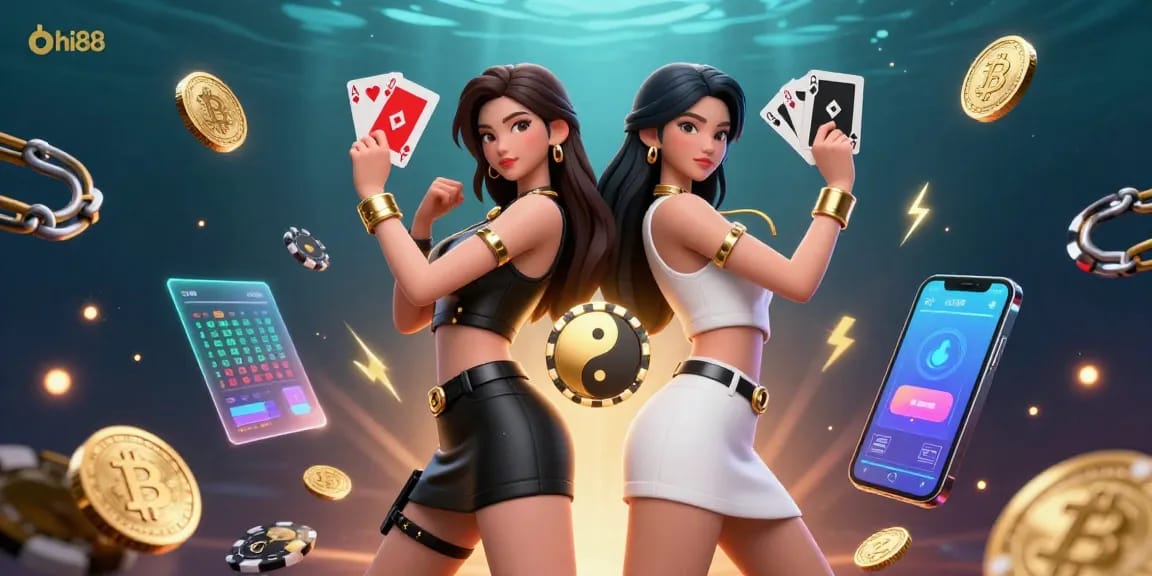 Bet at hi88 with stunning dual Asian women illustrating dynamic gambling action amidst crypto elements.