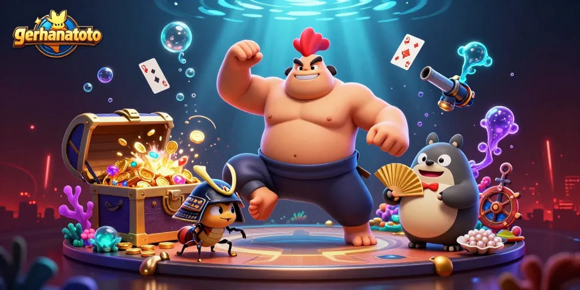 Ilustrasi gerhanatoto menampilkan ayam sumo, kriket samurai, dan tanuki di kasino online