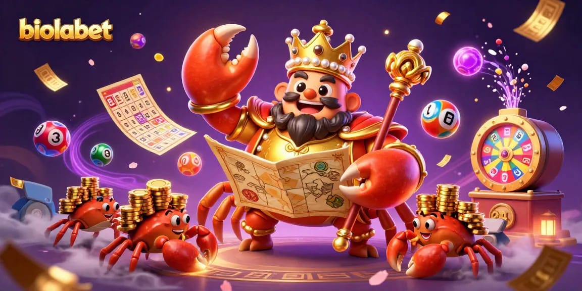 Permainan seru di biolabet dengan karakter krab emas besar yang memimpin dan memegang peta harta karun serta banyak elemen kasino.
