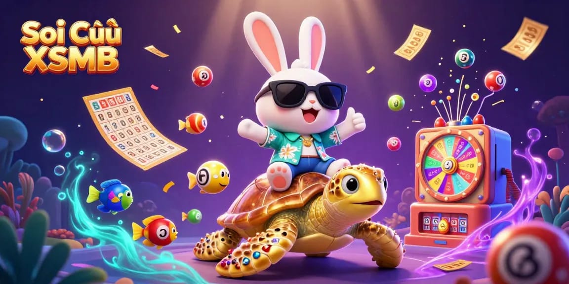 Engage with Soi Cầu XSMB as a cheerful rabbit rides a golden turtle, embodying lottery excitement.