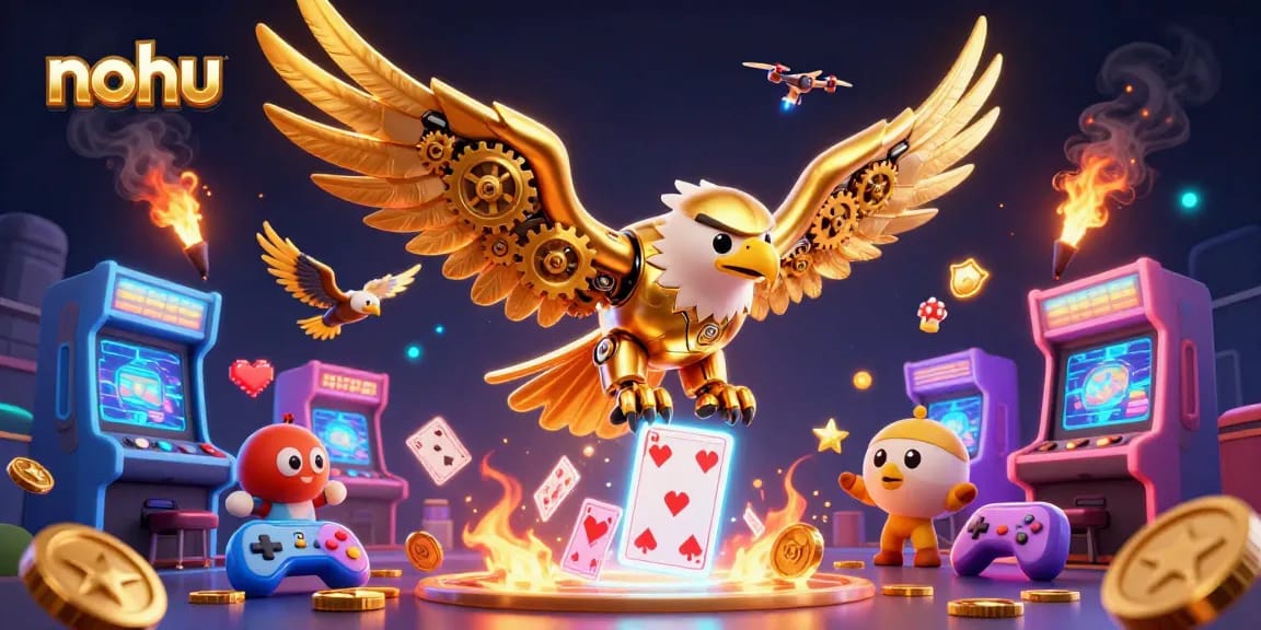 Join the exciting world of nohu gambling with a golden eagle diving through cards.