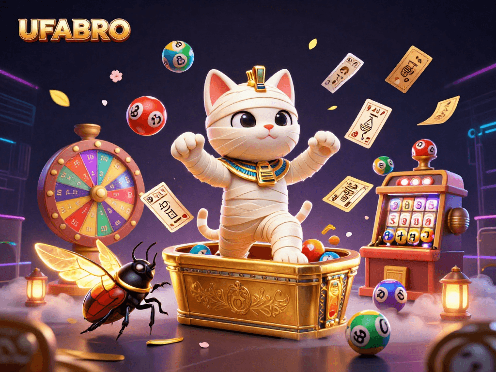 Experience UFABRO's thrilling casino adventure with a mummy cat and glowing scarab amid vibrant gambling elements.