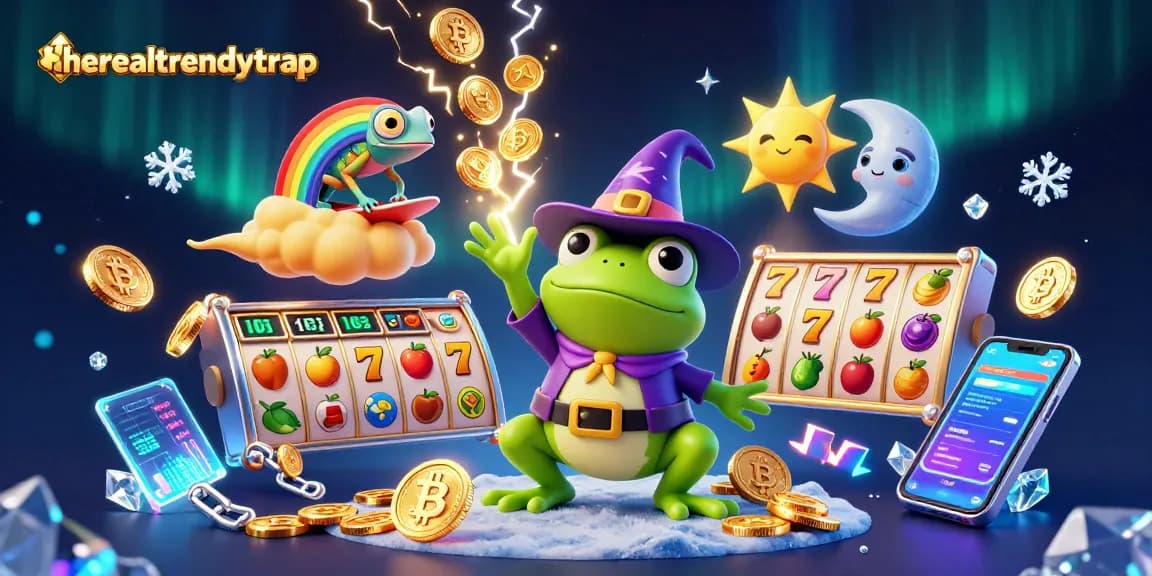 Menghadirkan keseruan bermain slot di therealtrendytrap dengan raja cuaca, kodok, dan chameleon berwarna-warni muncul dalam ilustrasi cerah dan dinamis.