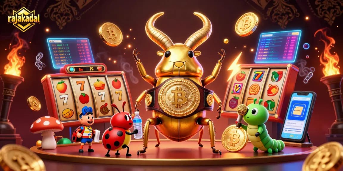 Permainan seru di rajakadal: ilustrasi kasino online dengan karakter unik dan elemen permainan menang jackpot.
