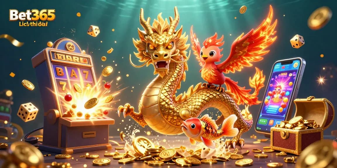 Engage with Bet365Lịchthiđấu through an exciting illustration featuring dragons and jackpot elements.