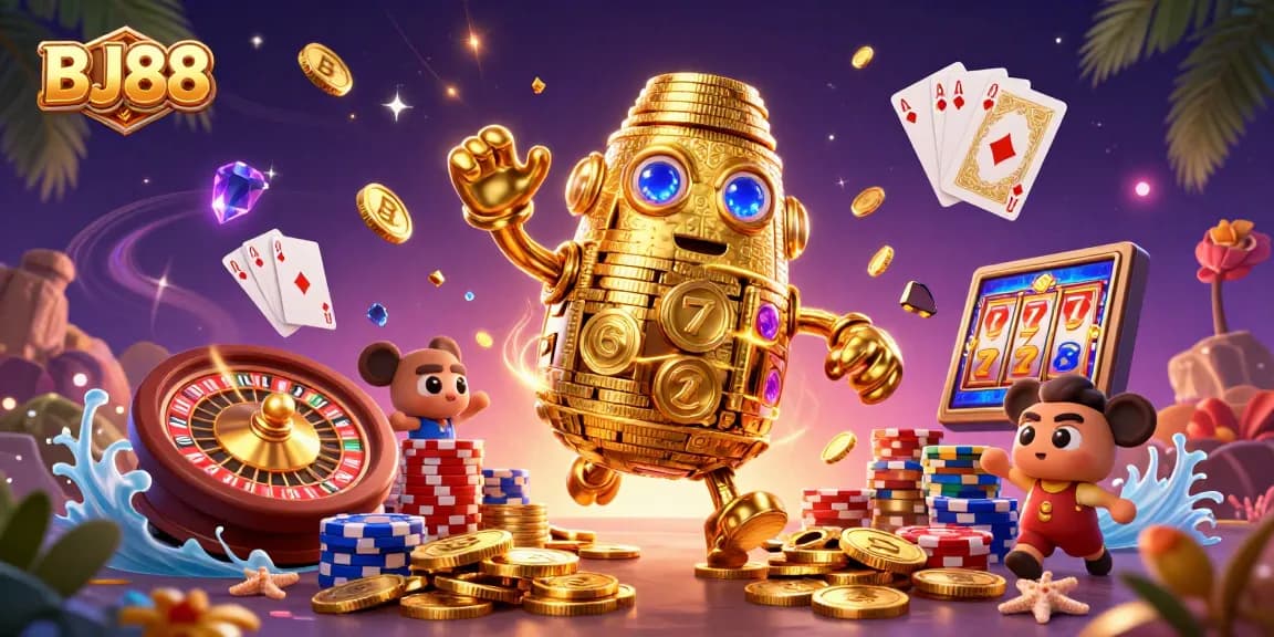 Experience thrilling gaming with BJ88, featuring an ancient golden golem surrounded by sparkling coins and casino elements.