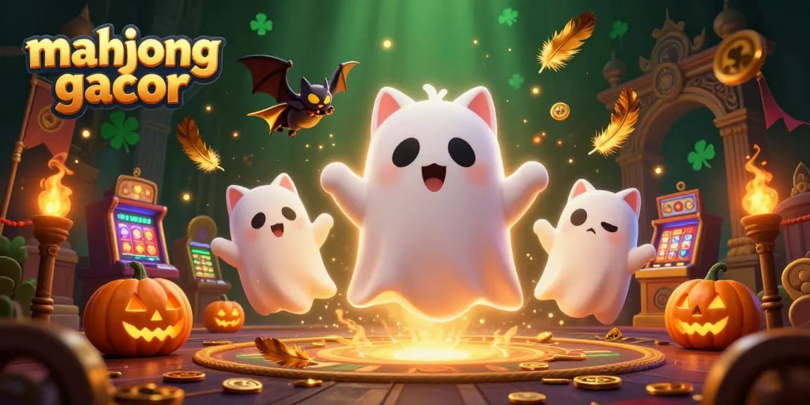 Experience the magic of mahjong gacor in a lively haunted casino with animated characters and glimmering effects.