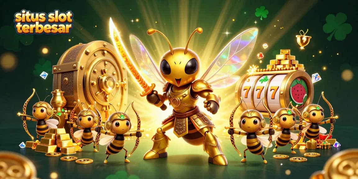 Menggali keseruan di situs slot terbesar dengan karakter menarik dan simbol keberuntungan pada latar yang cemerlang.
