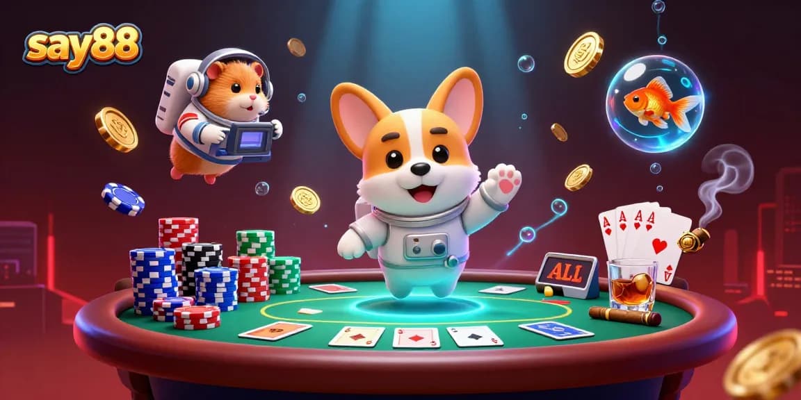 Play exciting games at say88 with a colorful space casino scene featuring poker chips and gold coins.