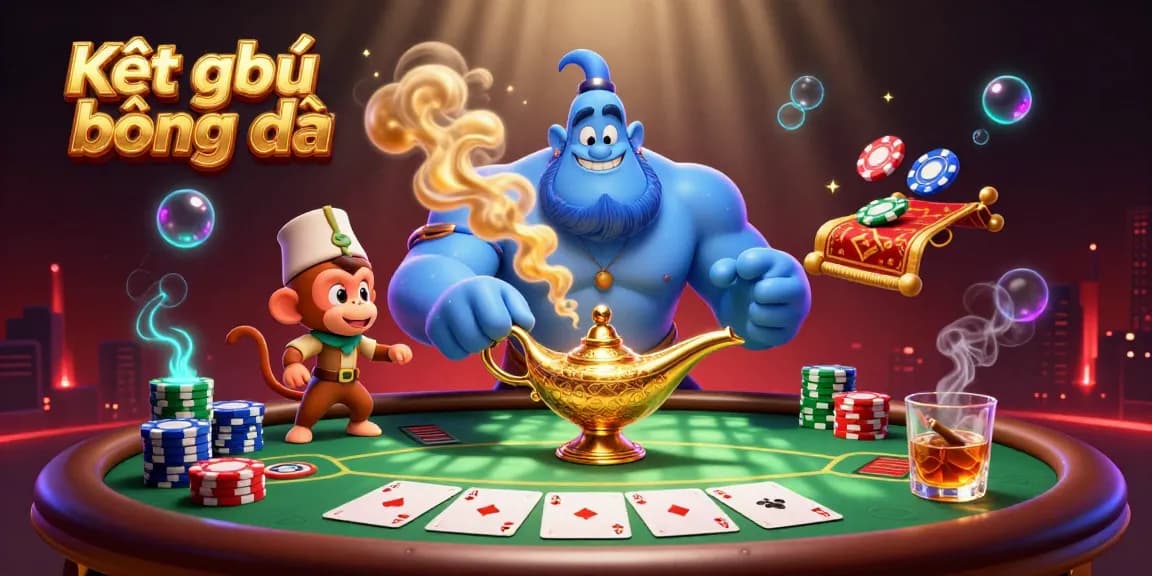 Kết quả bóng đá showcases a vibrant scene with a genie and poker elements in an engaging casino setting.