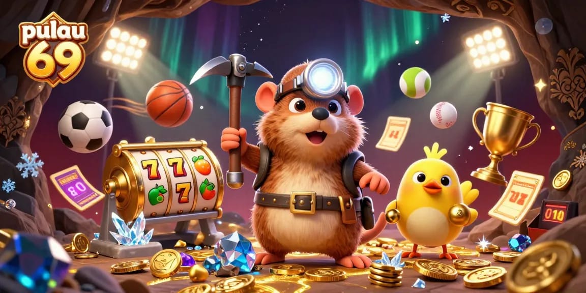 Pulau 69 showcases a thrilling mining adventure with a mole and canary among slot machines and gems.