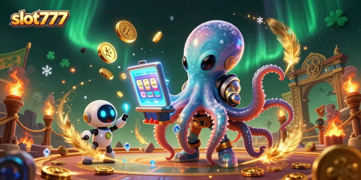 Menangkan taruhan slot777 bersama alien dan robot dalam suasana kasino yang penuh warna.