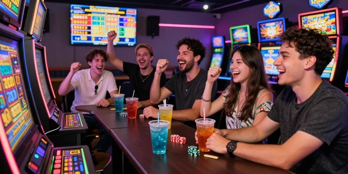 Slot yang menarik dengan pemain bersemangat di kasino, menunjukkan atmosfer yang mengasyikkan.