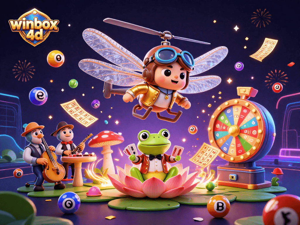 Winbox 4D scene showcasing a vibrant casino with a dragonfly pilot, frog dealer, and musical crickets.