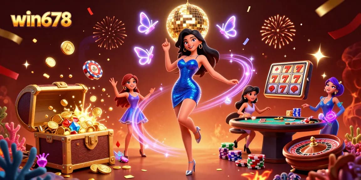 Experience the thrill of win678 with an electric casino illustration featuring vibrant games and a glamorous atmosphere.
