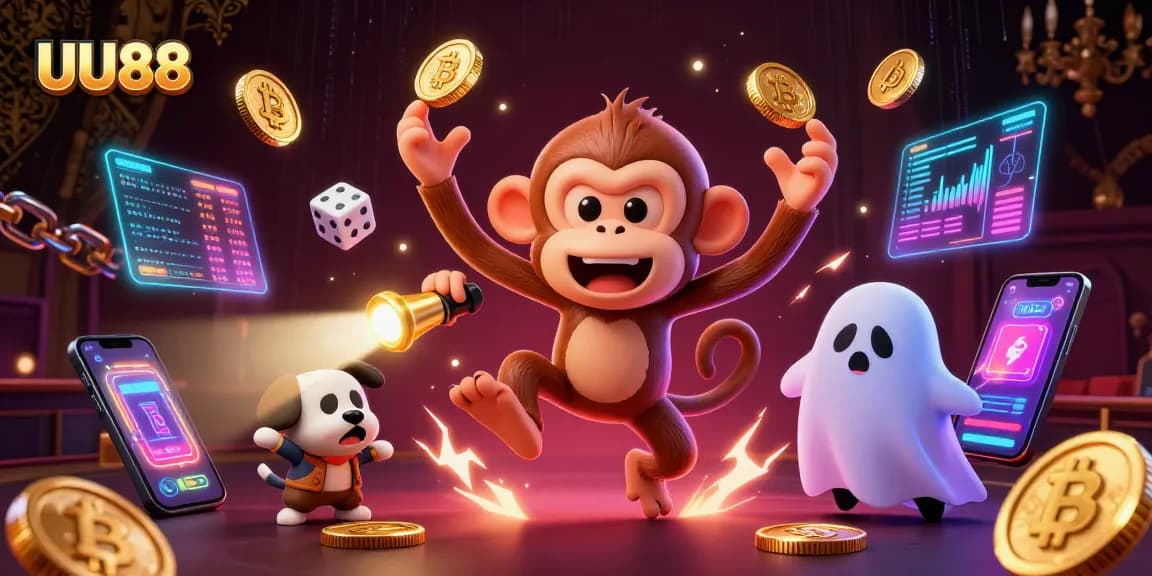 Engage with the exciting UU88 scene featuring a poltergeist monkey juggling golden casino items amidst a crypto-themed backdrop.