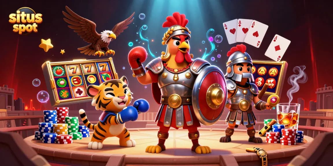 Situs slot menampilkan simbol keberuntungan, gulungan slot, dan karakter unik dalam permainan kasino.