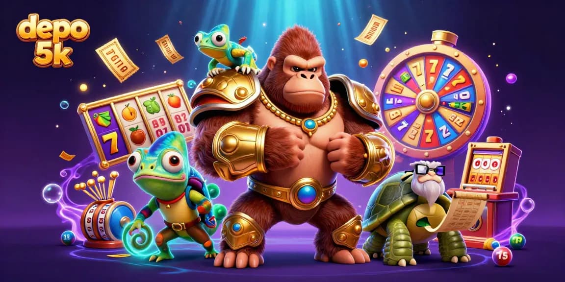Experience the excitement of depo 5k slots with vibrant slot reels and a dynamic casino scene featuring engaging characters.
