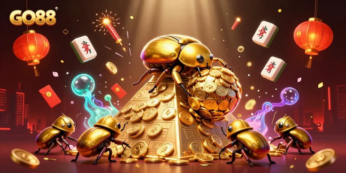 Engage in thrilling gameplay at GO88 with this captivating illustration of a golden beetle and casino elements.