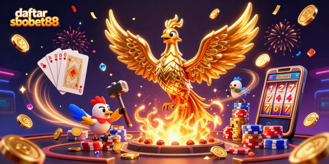 Bet on daftar sbobet88 with a dynamic and colorful 3D casino scene featuring gold coins, cards, and chips.