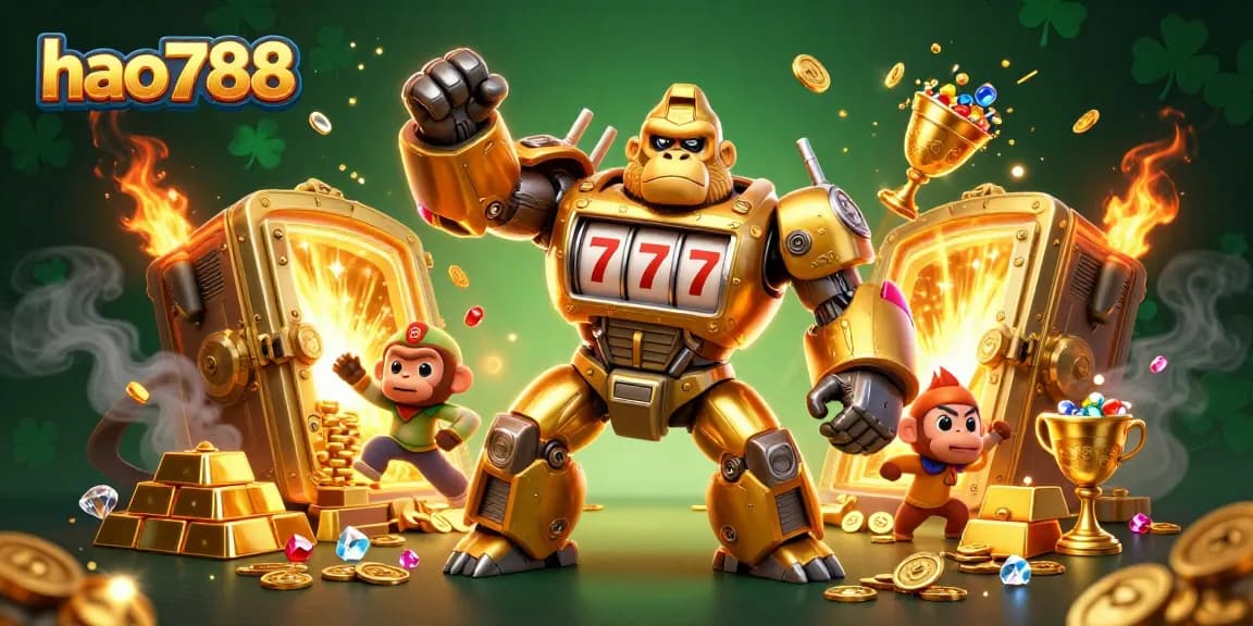 Menangkan jackpot di HAO788 dengan karakter unik gorila emas dan mesin slot yang mengesankan.