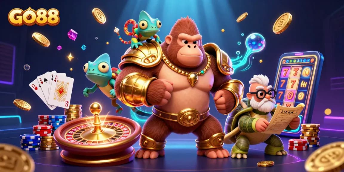 GO88 showcases a vibrant 3D casino scene with exciting games and treasures flying around players.