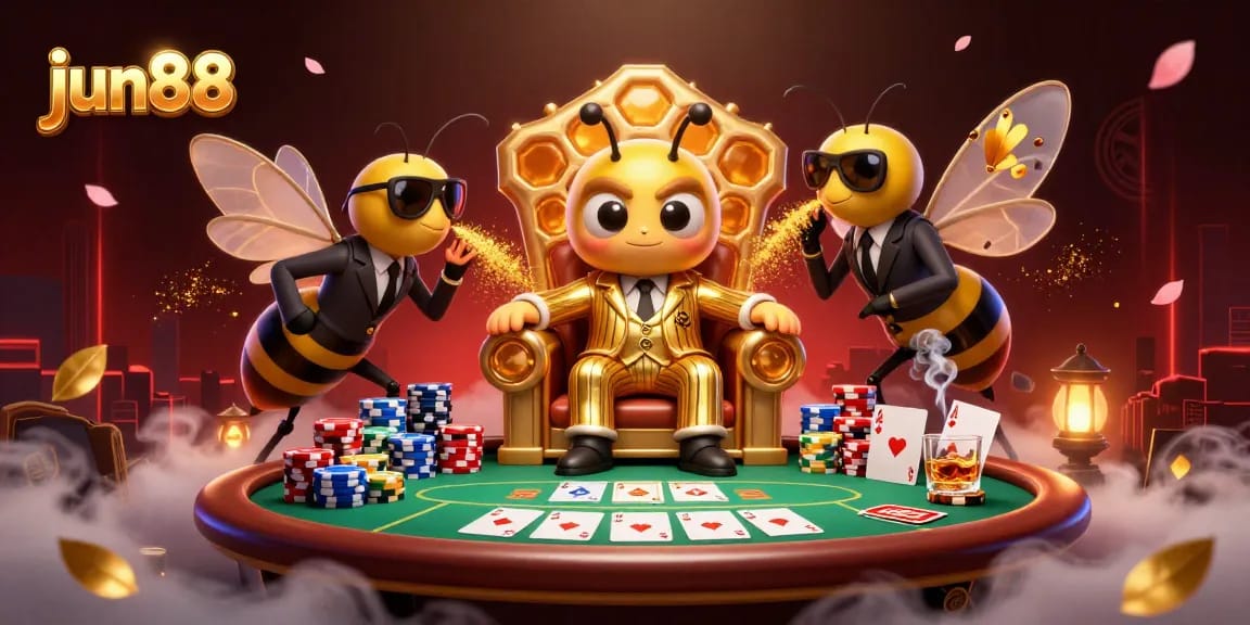 jun88 showcases a vibrant casino scene with a poker table, featuring colorful chips and engaging characters.