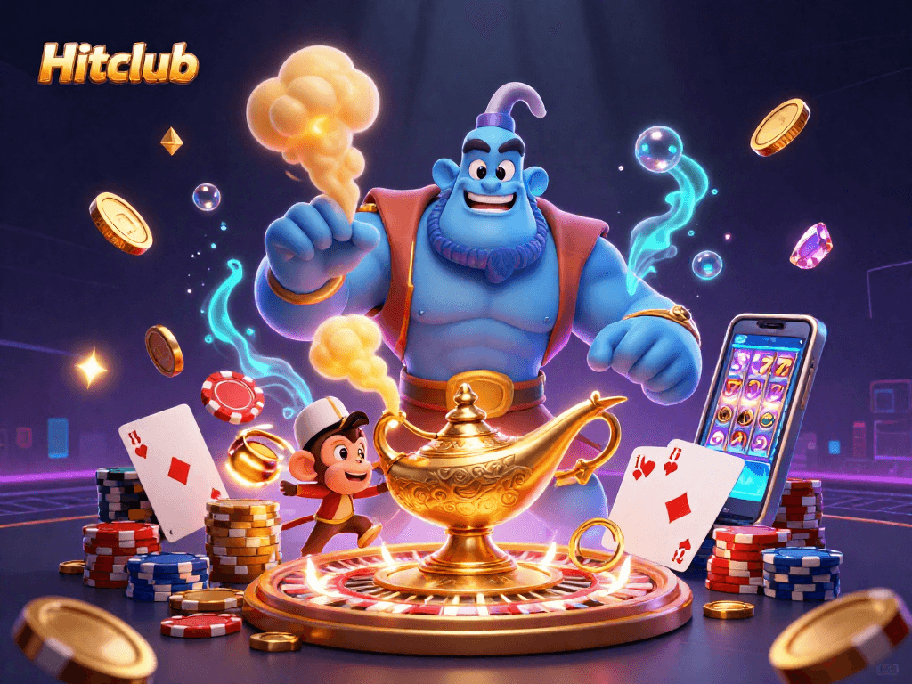 Hitclub showcases a vibrant genie and monkey amidst playful casino elements and golden coins.