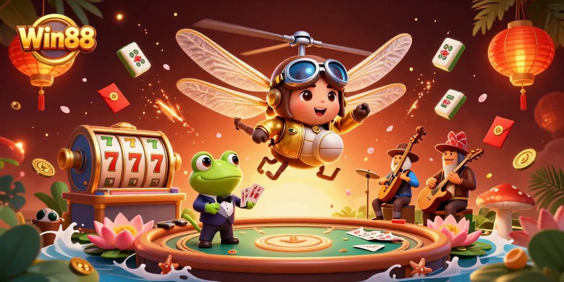Win88 players enjoy dynamic slots among whimsical characters in a vibrant casino scene.