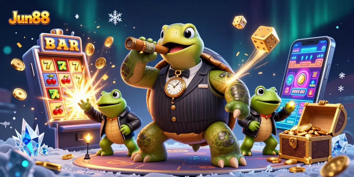 Win big with Jun88 in this intricate casino scene featuring a turtle in a mobster suit and slot machine action.