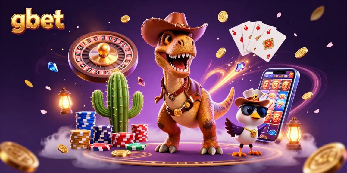 Experience thrilling gaming with gbet as a cowboy dinosaur and friends celebrate in a vibrant casino scene.