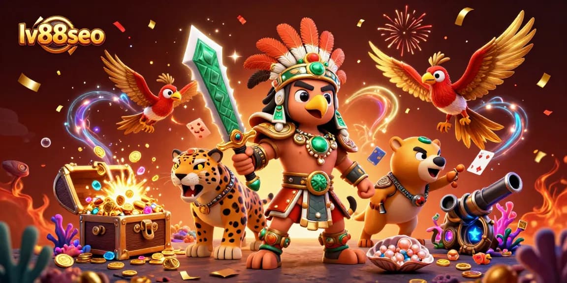 Spin the reels with lv88seo's vibrant gaming scene featuring explosive treasure and dynamic characters.