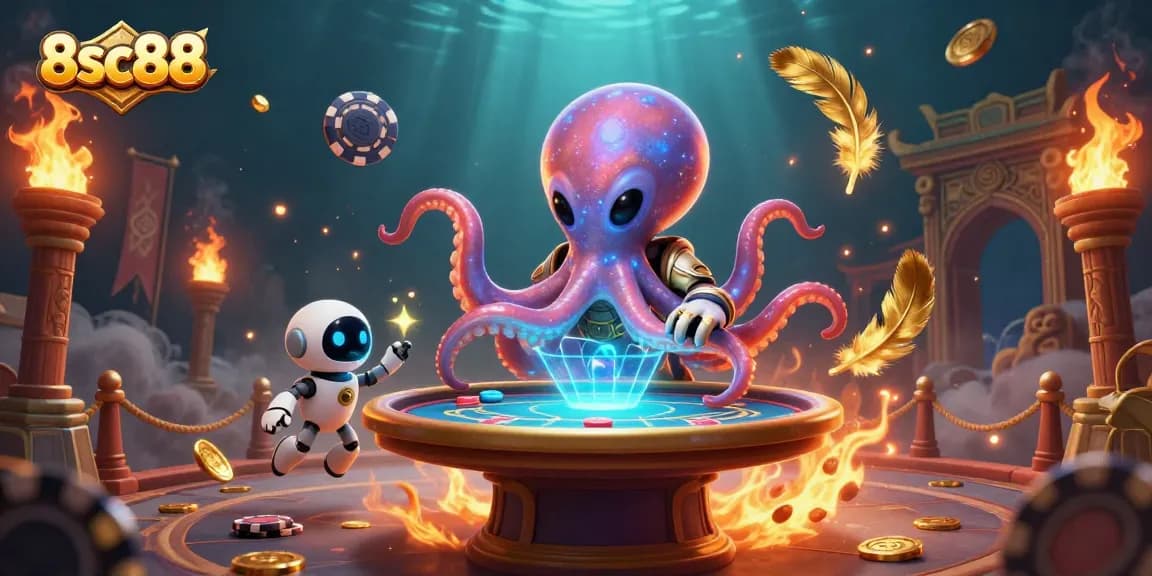 Engage with 8sc88's thrilling alien poker scene, featuring an octopus and robot companion.