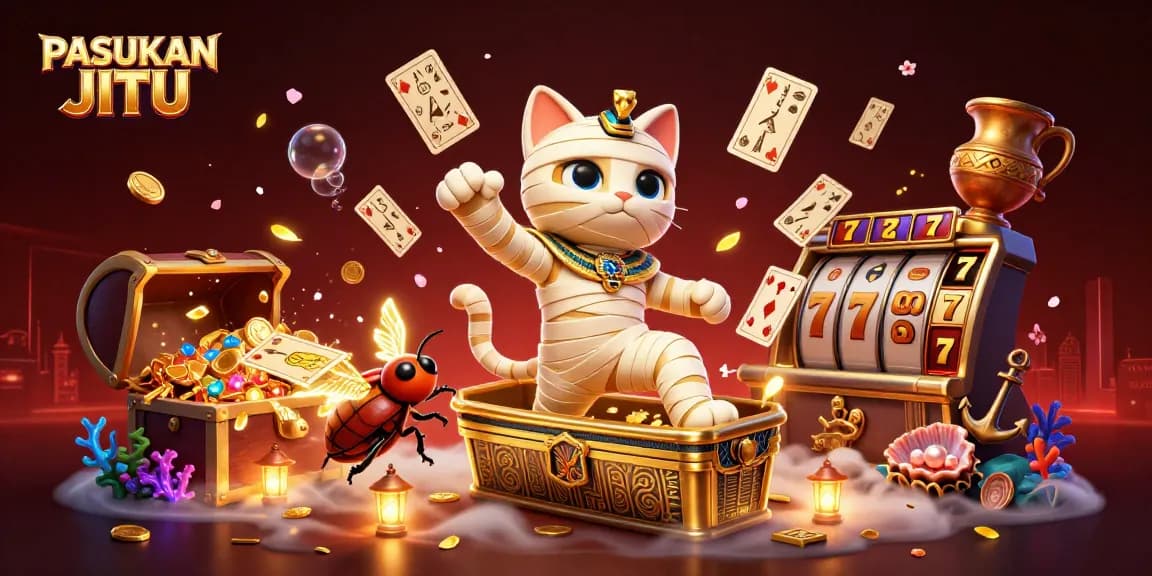 PASUKAN JITU features a vibrant 3D scene with an Egyptian mummy cat and scarab beetle in an exciting casino.
