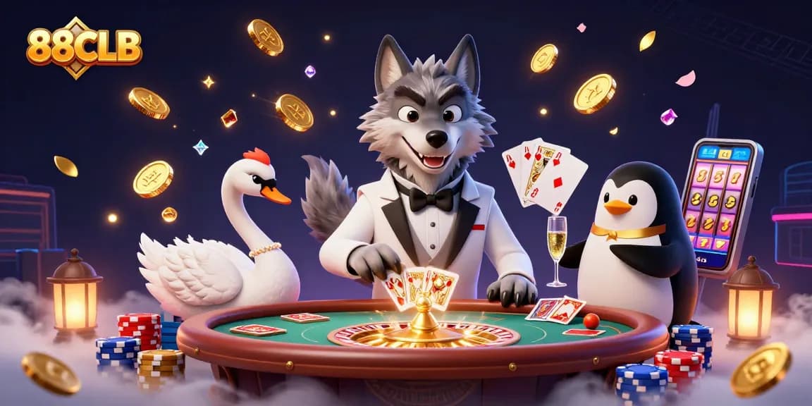 Experience exhilarating games at 88CLB, where a wolf, swan, and penguin bring casino thrills to life.