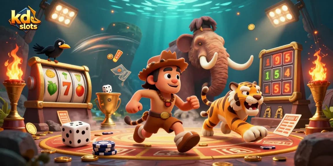 Engage with kdslots in a vibrant casino scene showcasing dynamic slot reels, playful characters, and exciting gaming elements.