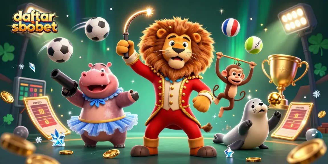 Engage in taruhan excitement with daftar sbobet as circus characters perform amidst vibrant sports elements.