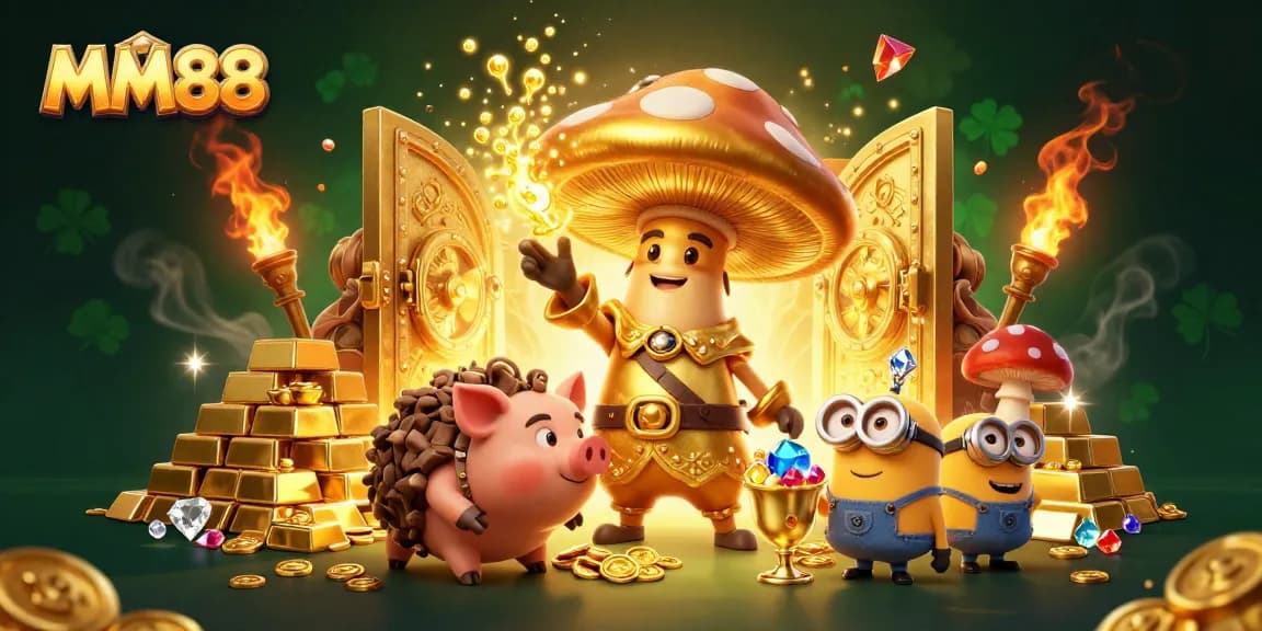 MM88 spins golden jackpot magic with a wizard, treasure pig, and sparkling gems.