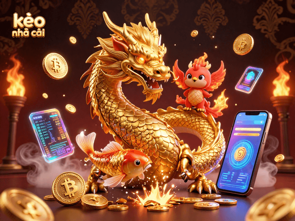 Experience thrilling kèo nhà cái action with a golden dragon, phoenix, and koi amidst crypto elements.