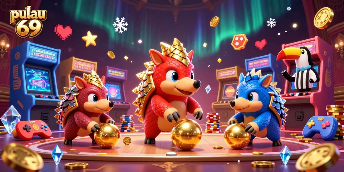 Experience pulau 69 as rival pangolins roll golden balls through stacked poker chips in this vibrant 3D scene.