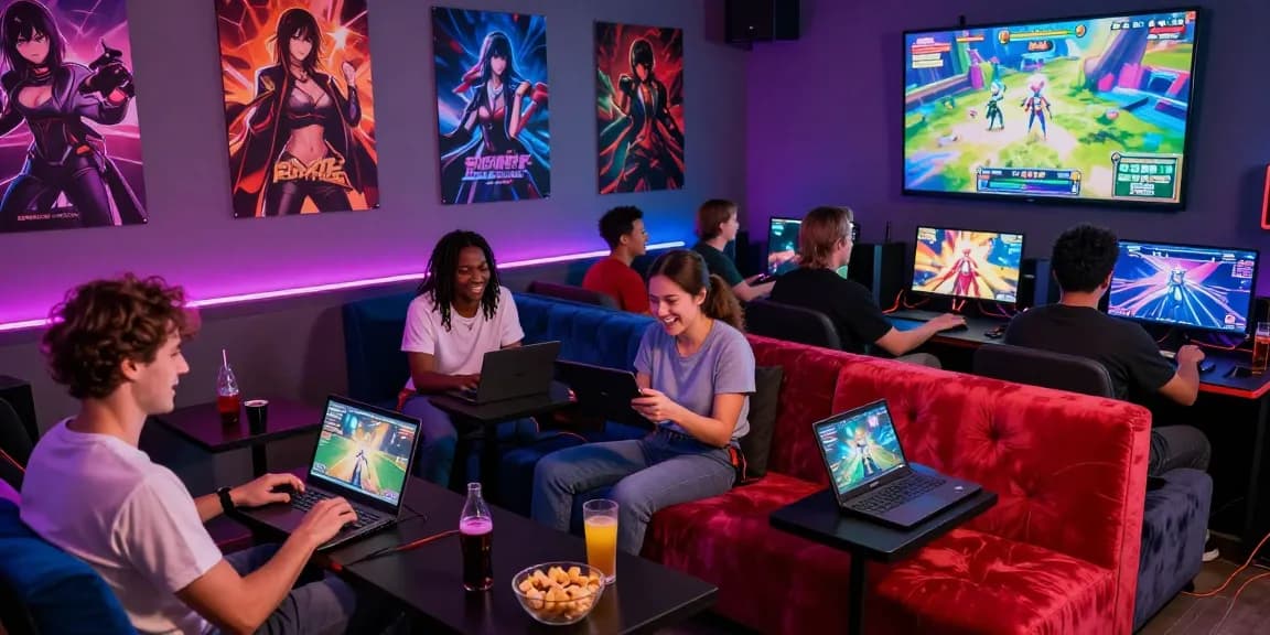 Adults enjoying various hentai games in a vibrant gaming lounge, showcasing community and excitement.